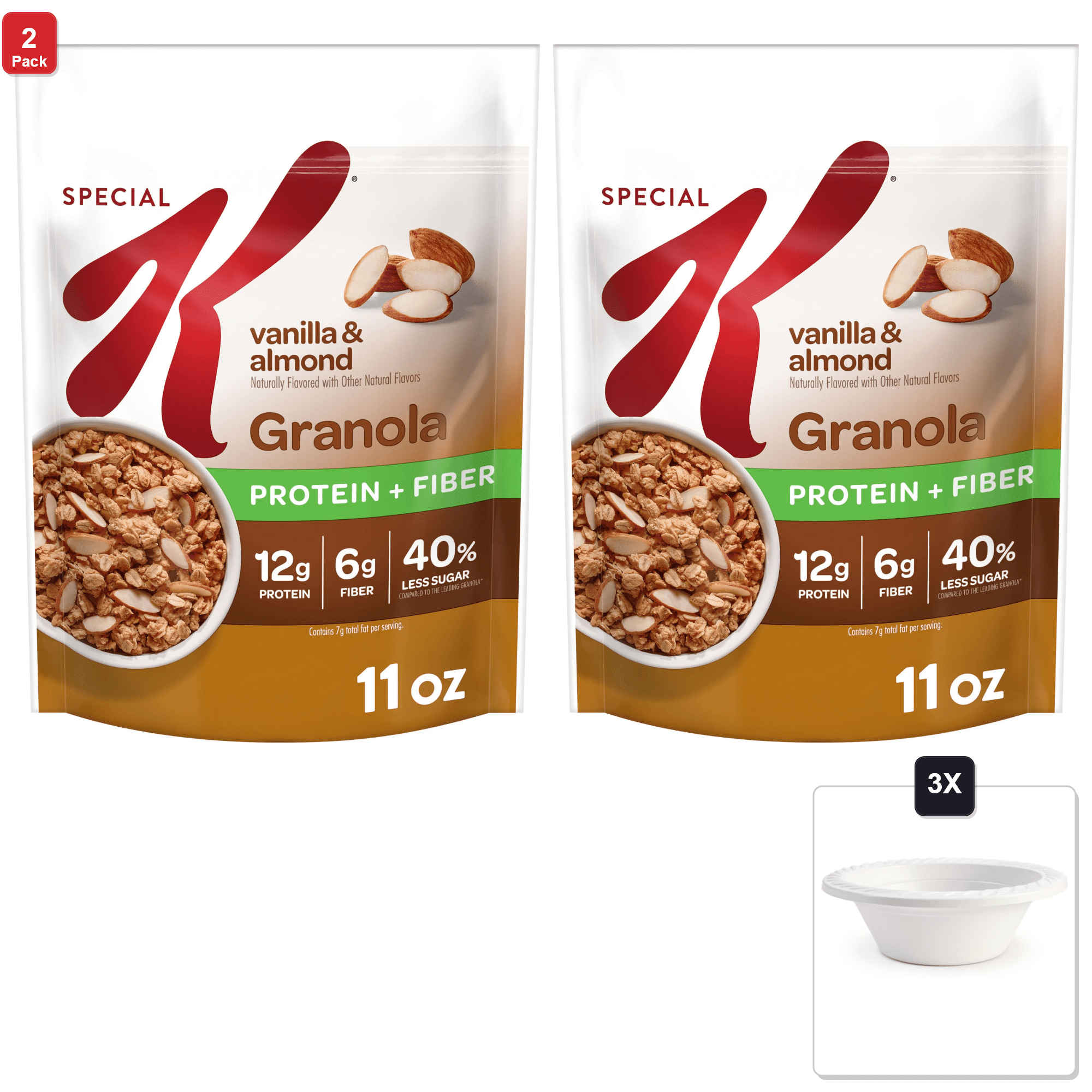 2 Pack | Kellogg’S Special K Granola, Protein Granola, Vanilla And Almond, 11 oz Bag (1 Bag) & 3x 12oz Disposable Plastic Bowl
