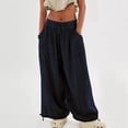 thumbnail image 4 of Womens Casual Loose Fit Wide Leg Cotton Pants Drawstring Stitching Baggy Pants Trousers with Pockets Dark Blue S, 4 of 9