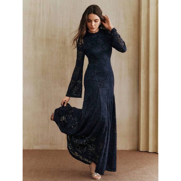 Women Blue Long Sleeve Lace Maxi Dress, Elegant Round Neck Slim Fit Bell