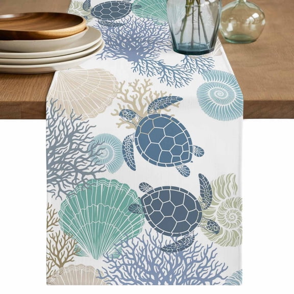 Ocean Turtle Table Runner 72 Inches, Nautical Sea Coral Conch Shells Watercolor Bed Runner Dresser Scarves Tabletop for Indoor Outdoor Parties/Ceremony/Banquet, 16" x 72"