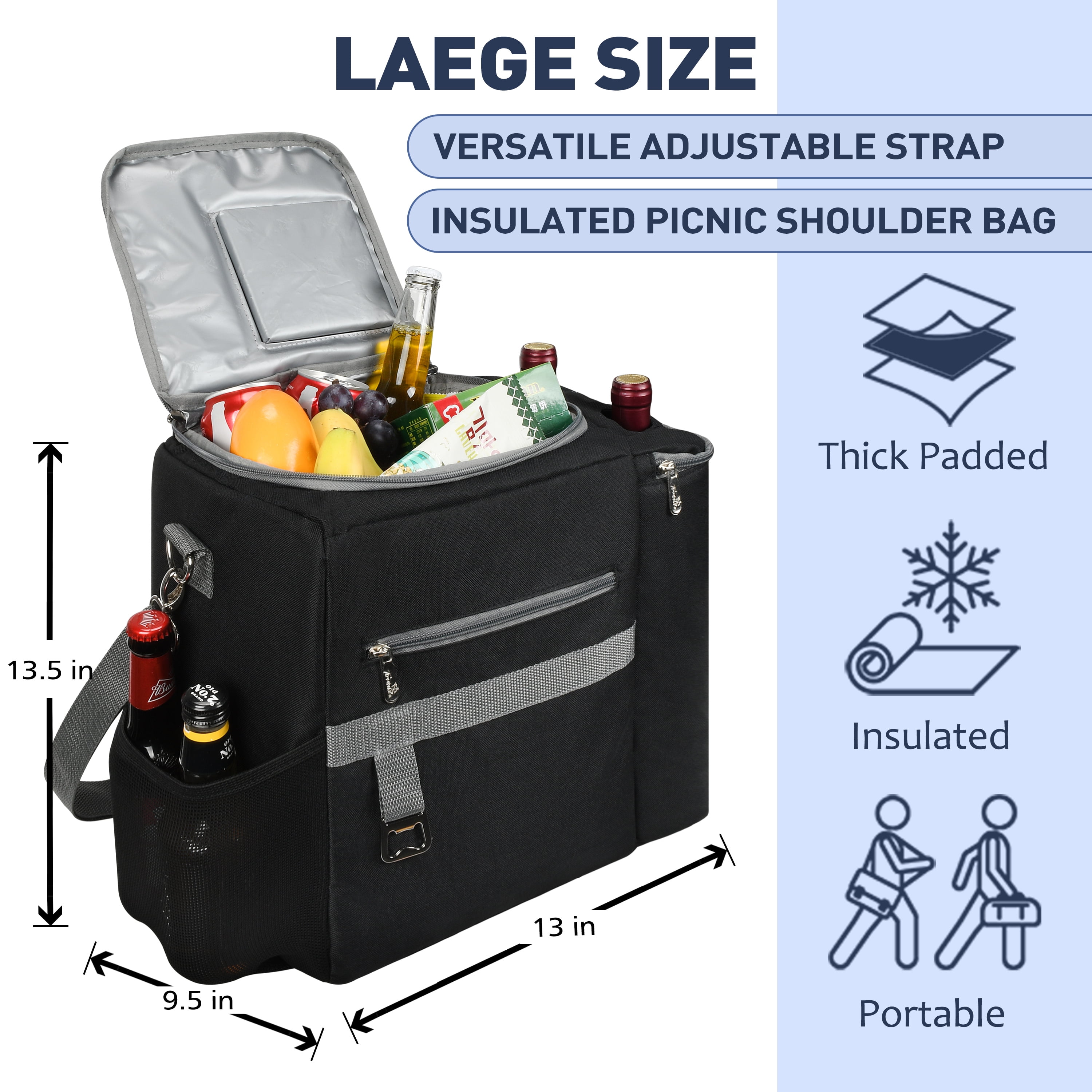 Tirrinia Large Food & Drinks Insulated Cooler Bag - 20L Leakproof Outdoor Grocery Carrier, Travel To-Go Container + Wine Tote for Picnics, Camping, Parties
