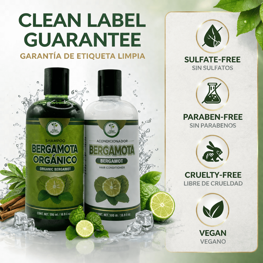 Shampoo Organic Bergamot + Conditioner (16.9 fl oz) with Aloe Vera & Rosemary | SHAMPOO ORGÁNICO BERGAMOTA con Sábila & Romero + Acondicionador - 500 ml - Biotina