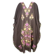 Mogul Kashmiri Caftan Brown Floral Hand Embroidered Kimono Style Bohemian Maxi Long Dress For Women