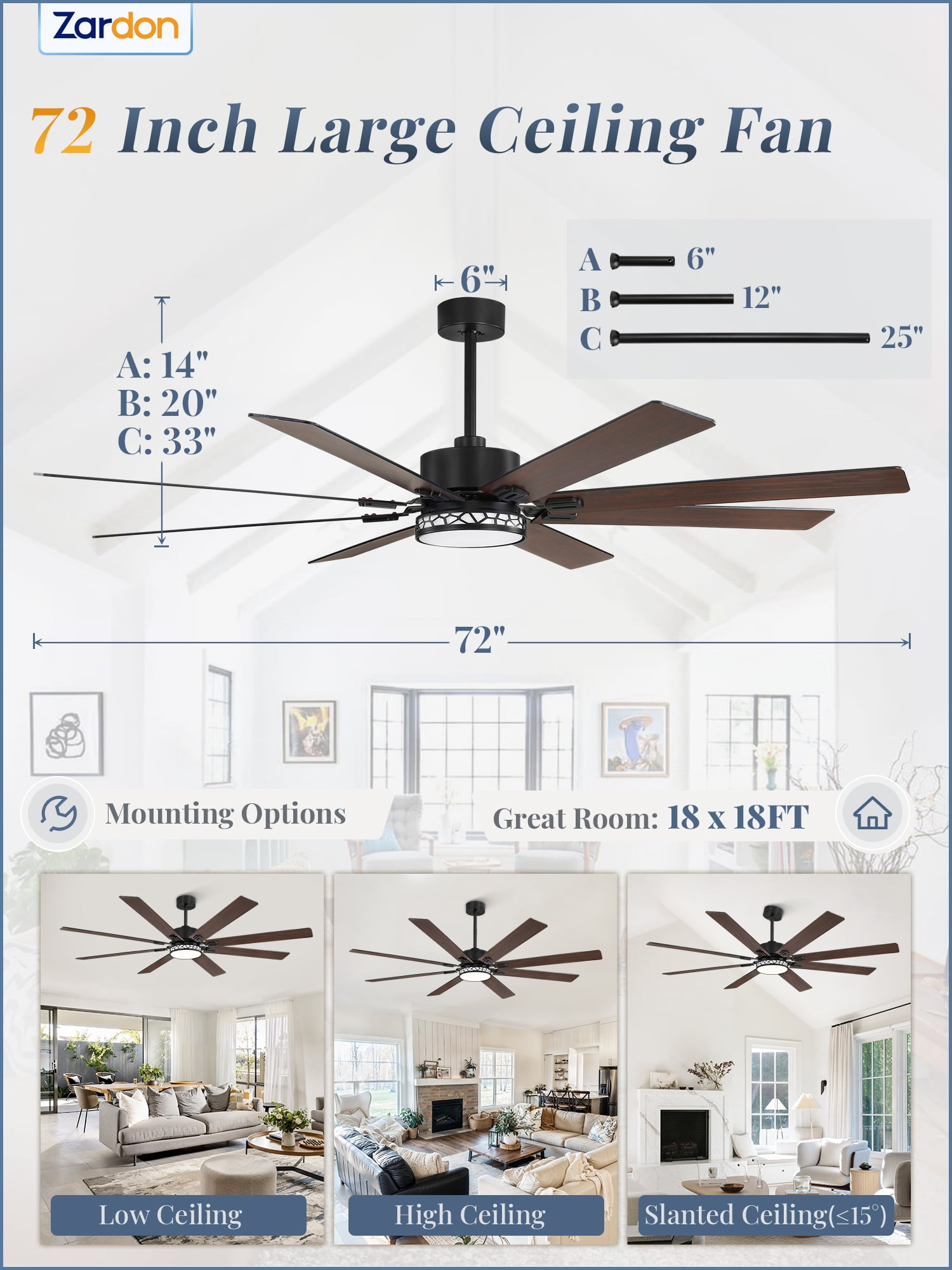 Zardon 72 Inch Farmhouse Ceiling Fan with Light & Remote, 8 Black Blades, Quiet DC Motor, Adjustable for Large Rooms