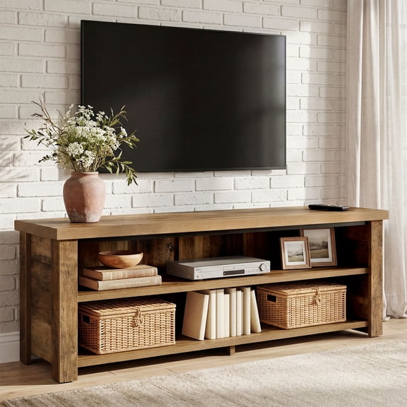 Finmind 55.12" TV Stand for 55/60/65" TVs, Farmhouse Entertainment Center with Storage, 2-Tier Media Console for Living Room, Bedroom, Rustic Brown