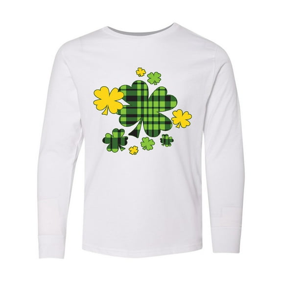 Inktastic St. Patrick's Day Plaid Green and Yellow Shamrocks Long Sleeve Youth T-Shirt