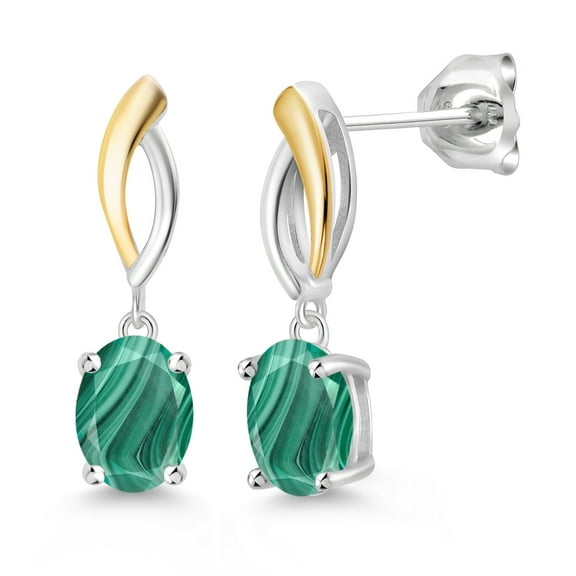 Gem Stone King 925 Silver and 10K Yellow Gold Green Malachite Earrings for Women (4.00 Cttw, Gemstone Birthstone, Oval 8X6MM)