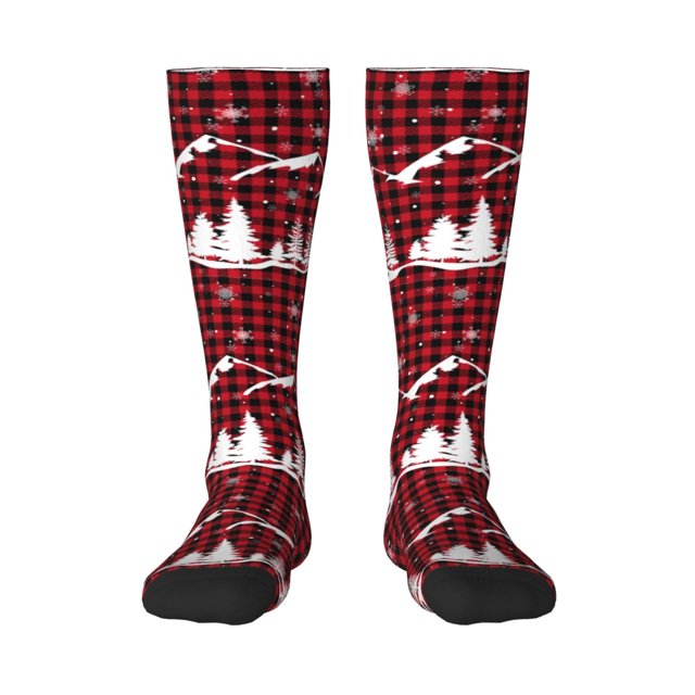 Xecao Christmas Tree Buffalo Plaid Pattern Adult Stockings with Color-Block Design and 3D Print, Breathable Comfortable Hosiery for Daily Wear and Sports