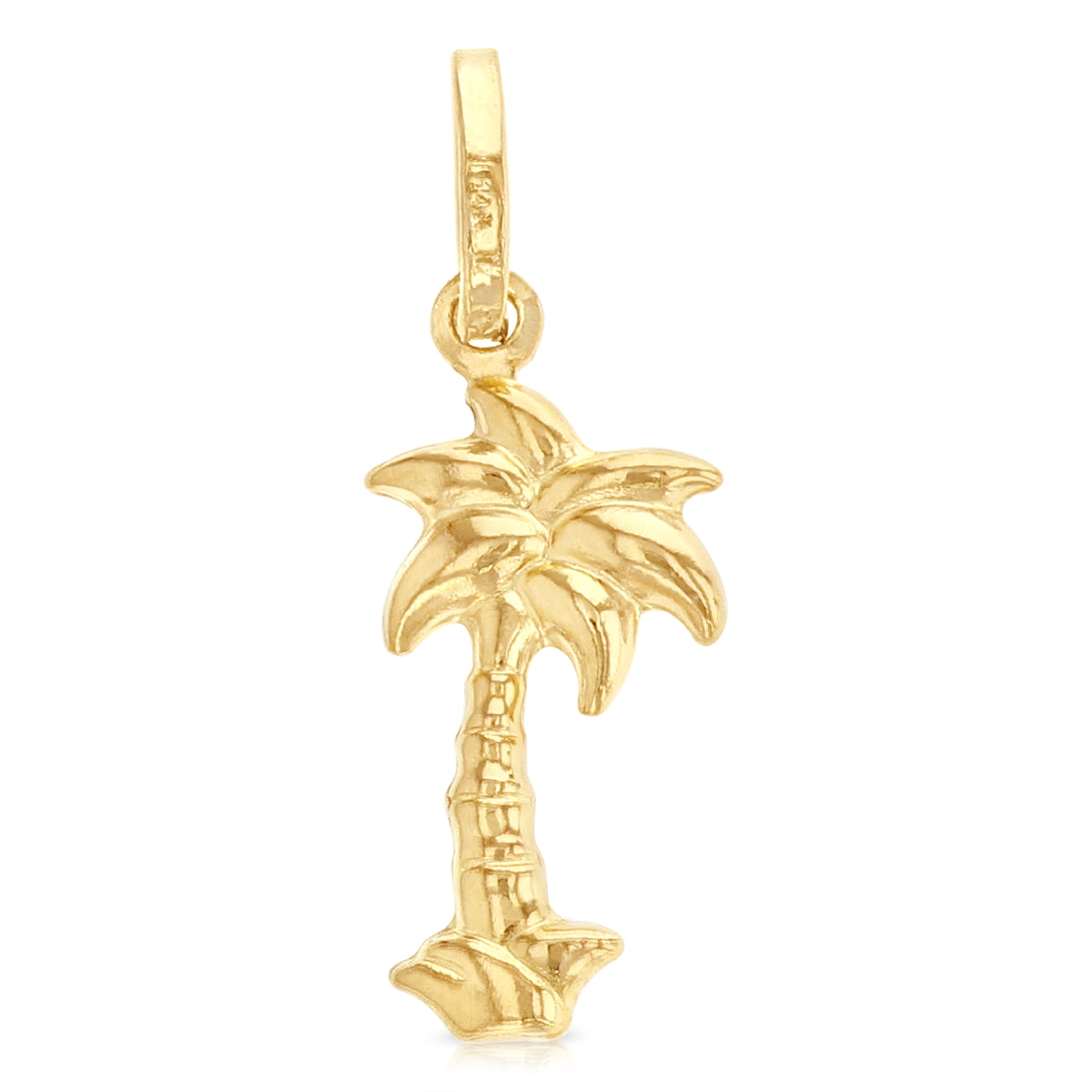 14K Solid Yellow Gold High Polished 1" Hollow Palm Tree Charm Pendant. 