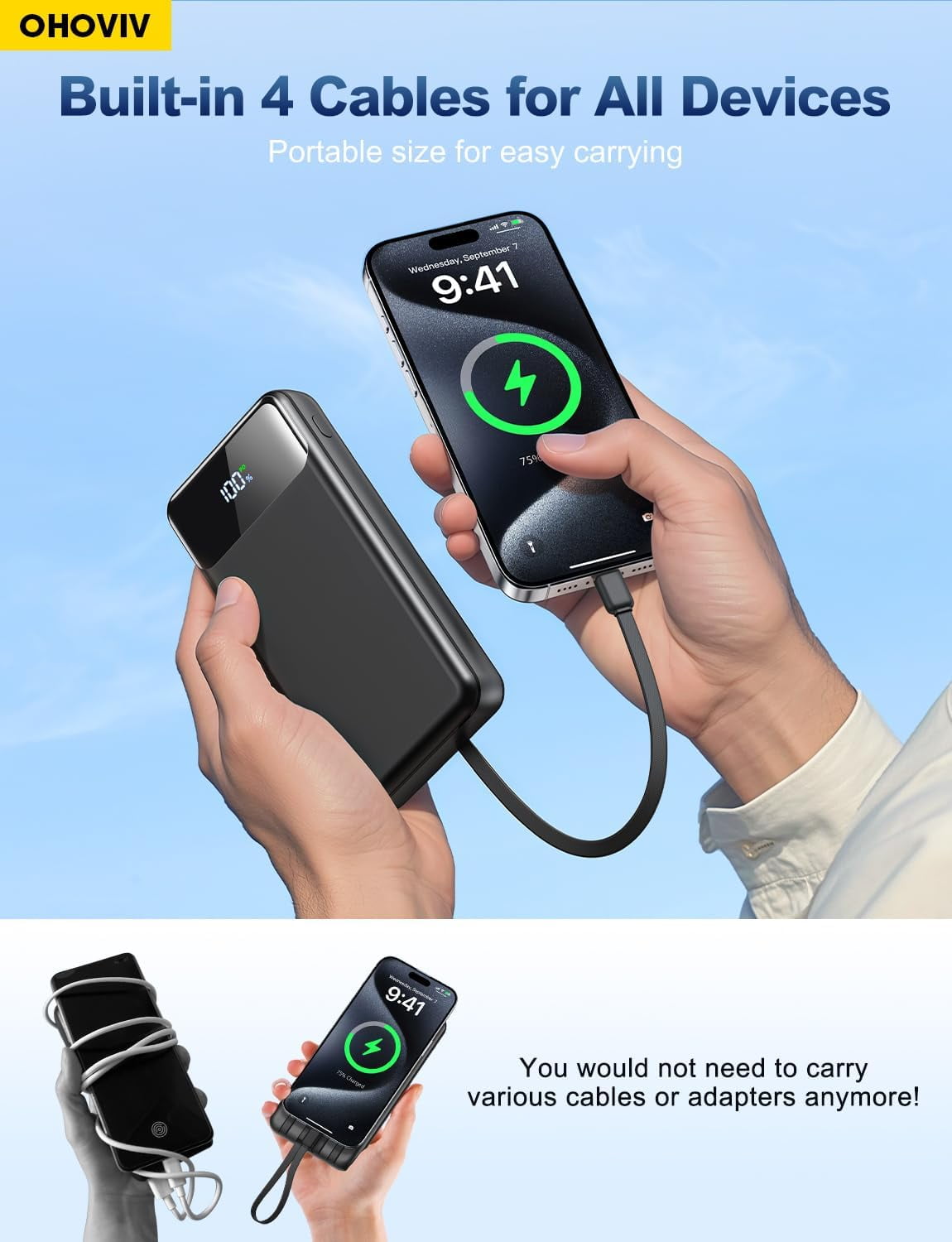Portable Charger Power Bank 50000mAh Battery Pack, 22.5W Fast Charging PowerBank with Built in Cables,Travel Essential USB-C Phone for iPhone Pixel Android iPad