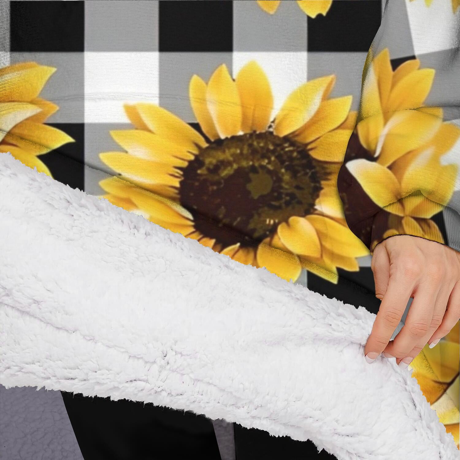 Oversized Wearable Blanket Hoodie,Black White Gray Checker Sunflower Pattern Sherpa Blanket Hoodie with Super Pockets,Super Warm Fuzzy Pullover for Women & Men