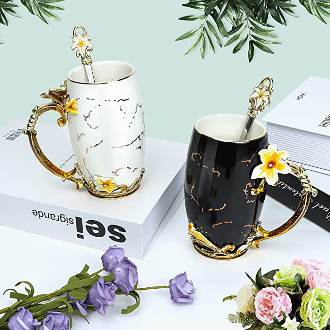 Ceramic Tea Cup Gifts for Women Coffee Mugs with Spoon Tea Sets for Women Black and White Set of 2 Tea Cup Tea Mugs,Flower Tea Cup Fancy Tea Cups Floral Coffee Mugs