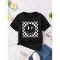 thumbnail image 1 of Girl's Cartoon Wink Face Checkerboard Pattern T-shirt, Casual Short Sleeve Tee Shirt, Girl's Tops For Summer, 1 of 6