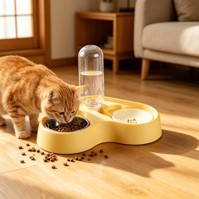 Dispensador automático de agua y comida 2 en 1 para perros y gatos: comedero doble con cuencos de acero inoxidable, base antideslizante, reposición de agua por gravedad y soporte para comida seca.