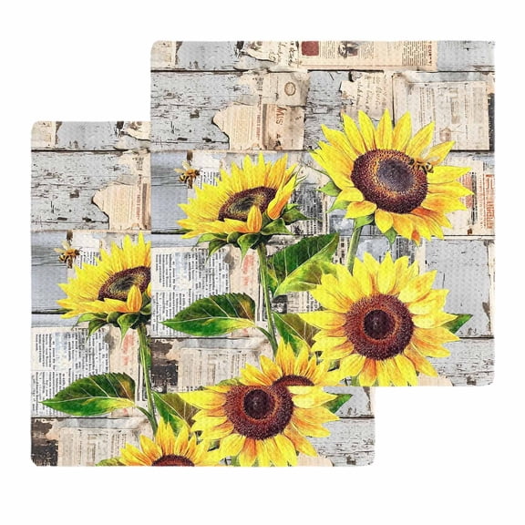 Sunflowers Kitchen Dish Towels for Drying Dishes Set of 2, Botanical Floral Farmhouse Retro Wood Grain Waffle Weave Microfiber Hand Tea Bathroom Towels Quick Dry & Absorbent Towel 12x12