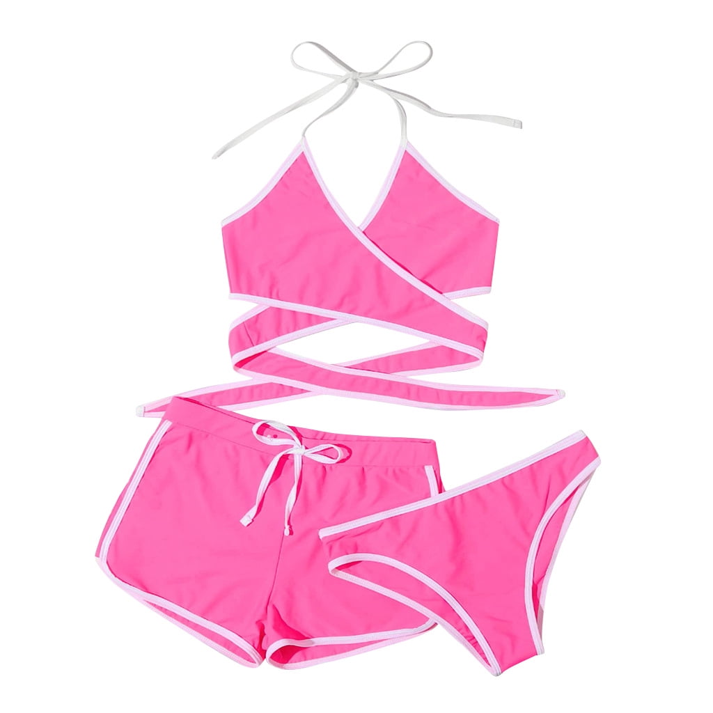 Three Piece Swimsuit Wrap Halter Top 