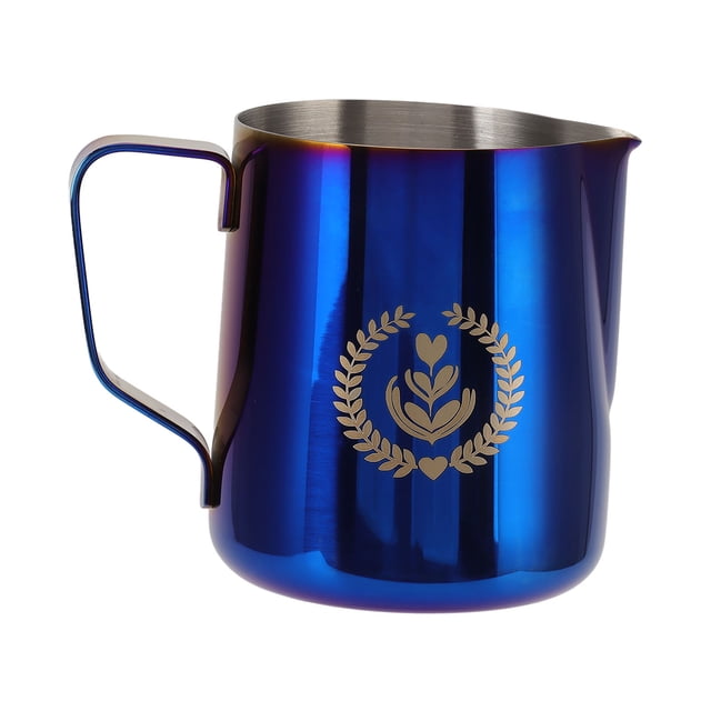 Jarra para espumar leche, jarra de acero inoxidable de 350 ml, taza vaporizadora con escala para hacer café, azul