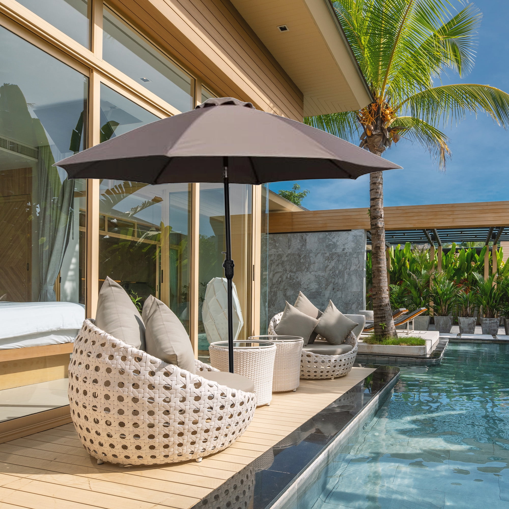 Four Seasons Courtyard 9 Foot Crank Lift Auto Tilt Patio Umbrella, Taupe