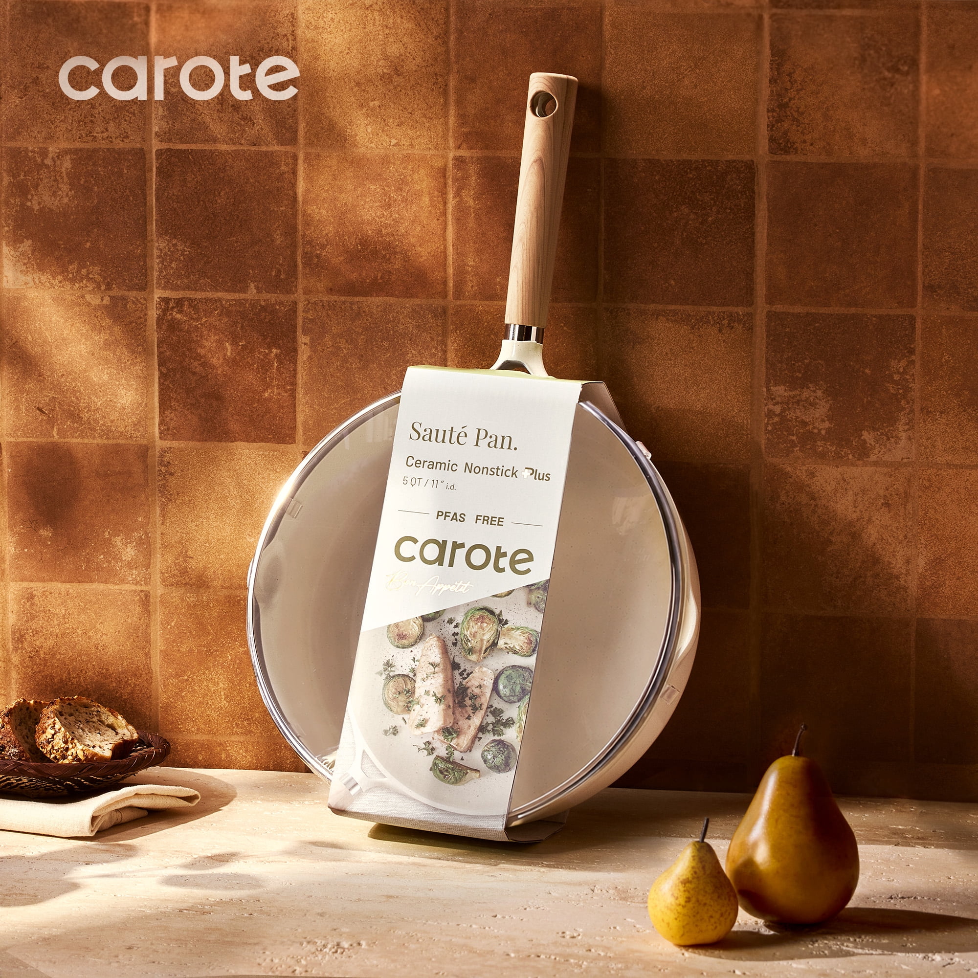 Carote 11" Ceramic Nonstick Saute Pan with Lid Cover Non-Stick Deep Frypan With Induction, Bon Appetit, White Granite, 5QT