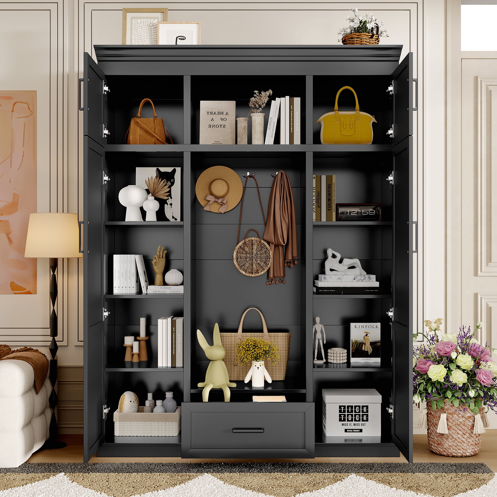Euroco Modern Large Hall Tree with Hooks, Cabinets, Adjustable Shelves, and Seating Bench
