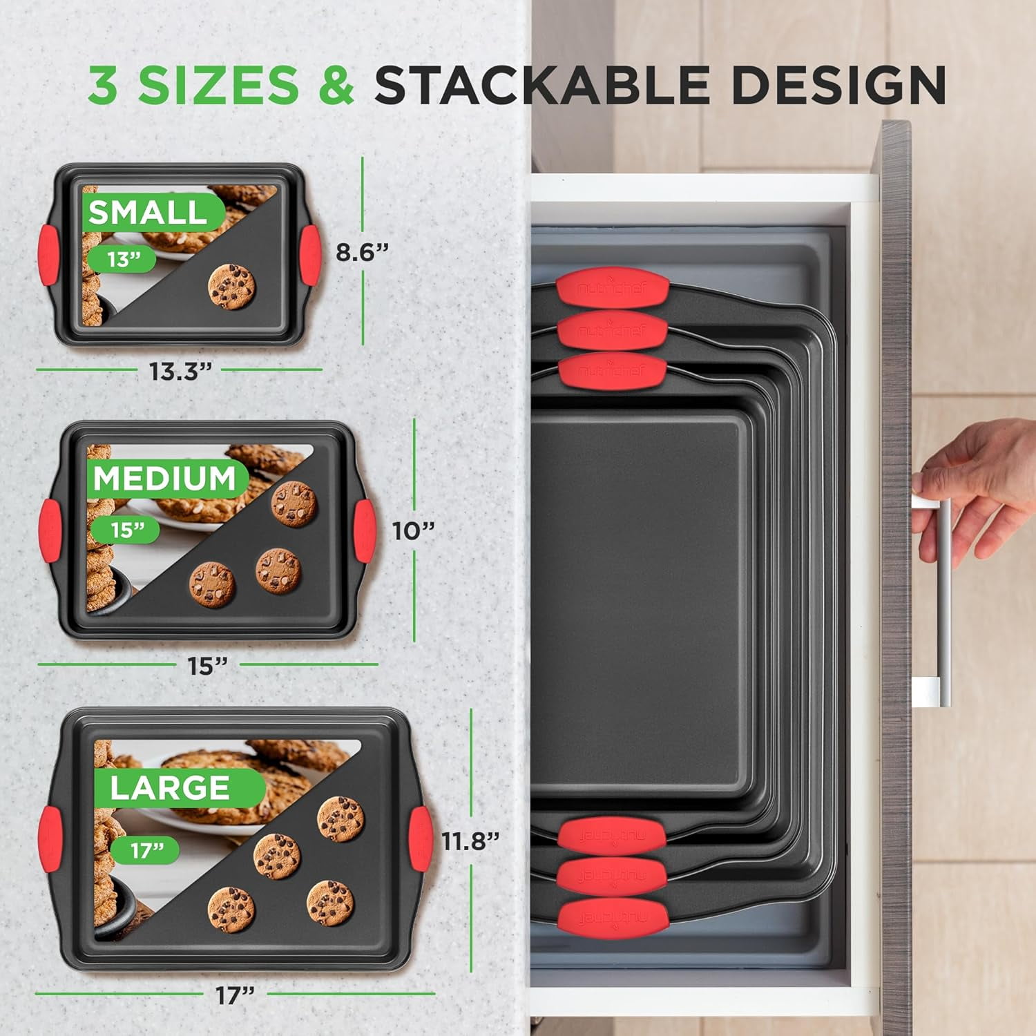 Nonstick Baking Pans Set – Premium Cookie Sheets for Baking, Carbon Steel Stackable Baking Trays with Red Silicone Handles, Oven Safe Pans for Cookies, and Cakes, Dishwasher Safe (6 Pack)