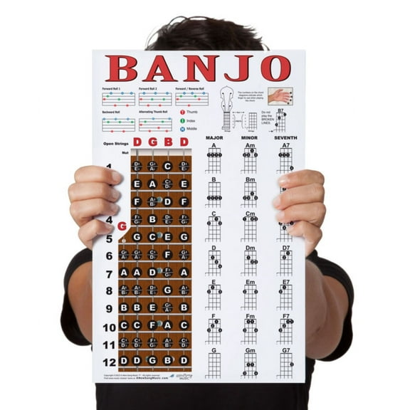 Laminated Banjo Chord, Fretboard Note, and Roll Chart - Open G Tuning - 11"x17" Easy Instructional Poster for Beginners - Chords & Notes & Rolls - A New Song Music