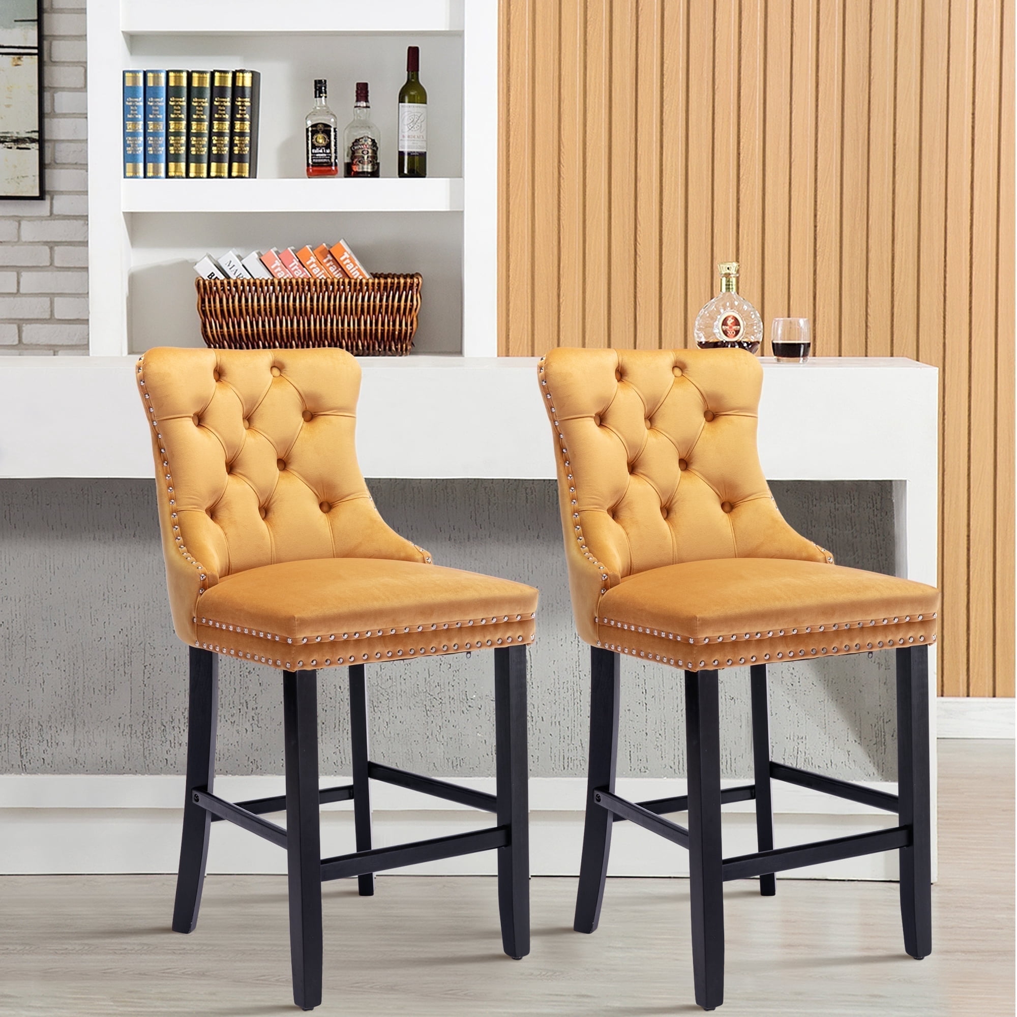 DONICK Velvet Counter Height Bar Stools Set of 2,Button Tufted Back Bar Chair Nailhead Back Pull Tab Wooden Leg(Yellow)