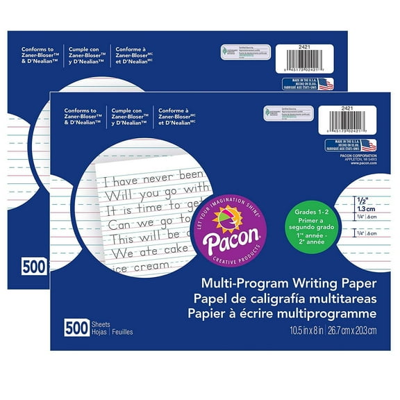 Pacon Multi-Program Handwriting Paper, 1/2" Ruled (Long Way), White, 10-1/2" x 8", 500 Sheets Per Pack, 2 Packs