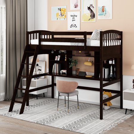 Twin size Loft Bed with Storage Shelves, Desk and Ladder, Espresso