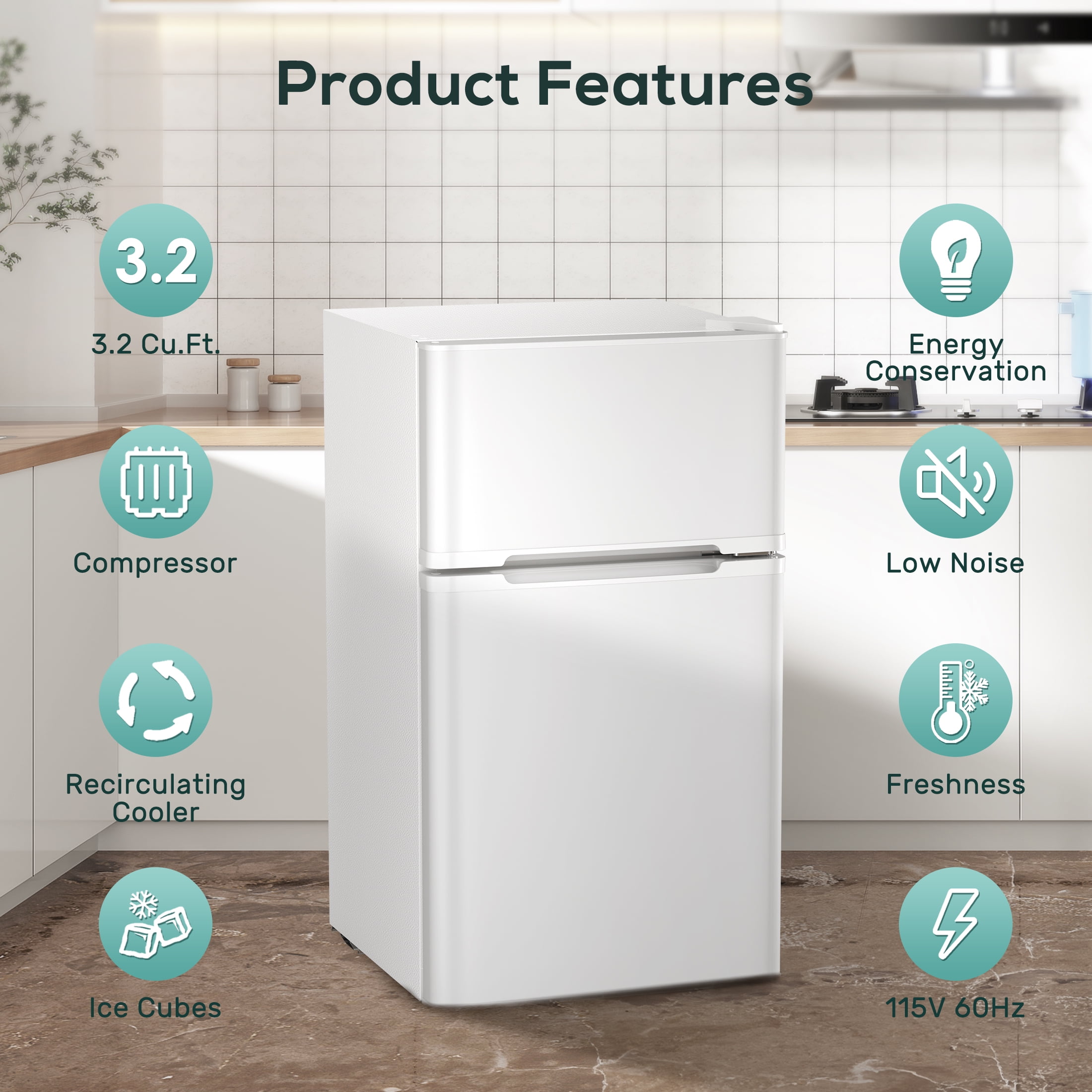 Auseo 2 Door  3.2 Cu.Ft Mini Fridge Adjustable Temperature Refrigerators with Removable Shelves, Suitable for Home/Kitchen/Office/Dorm, White