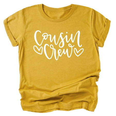 

Cousin Crew Heart T-Shirts and Bodysuits for Baby and Toddler Boy and Girls Fun Family Outfits White on Mustard Shirt 3T