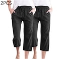 thumbnail image 4 of LAJPXKHY 2pc Cotton Linen Capris for Women High Waist Elastic Drawstring Straight Leg Pants Lightweight Casual Cropped Pant with Pockets, 4 of 6
