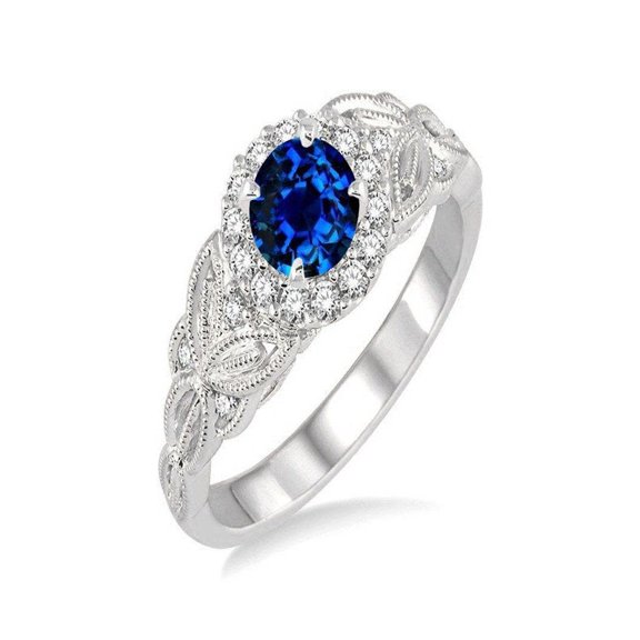 1.25 Round cut Sapphire and Diamond Engagement Ring in 14k White Gold affordable Sapphire and diamond engagement ring