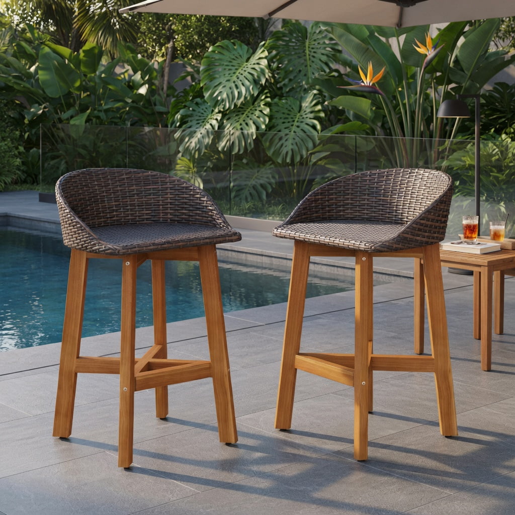 Hommoo 2-Piece Outdoor Bar Chairs Set, PE Rattan & Solid Acacia Wood, Ergonomic Backrest, Footrest, All-Weather Patio Seating, Natural