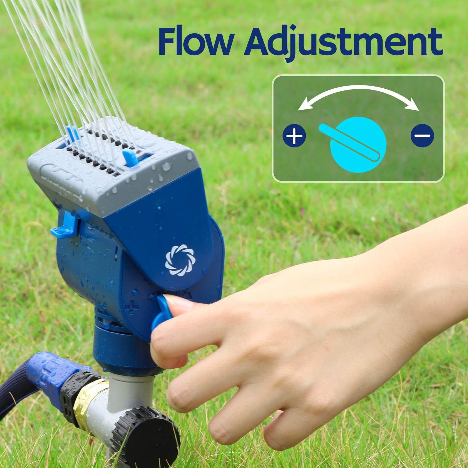 Oscillating Sprinkler With Metal Step Spike And Quick Connect Adapter Set  Control Watering Range Width Flow Rate Covers Up To 4 069 Sq.ft. Blue