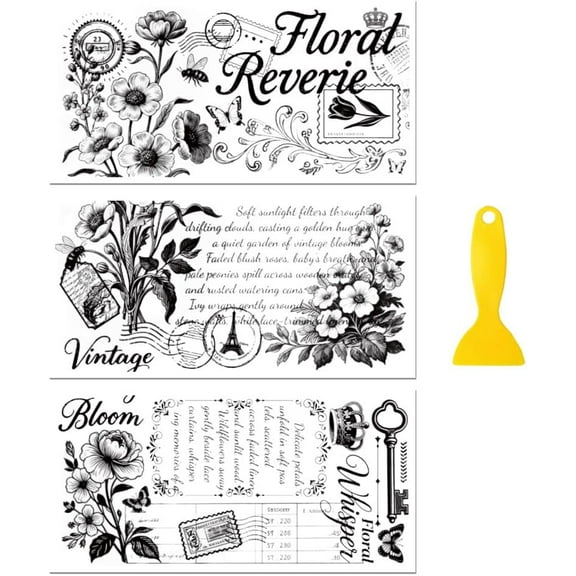 Rub on Transfer Decal Sticker for Furniture Craft Decor 6"x12" Black Text Vintage Flowers 3Pcs Waterproof UV DTF Transfer for Drawer Dresser Glass Porcelain Wood Plastic