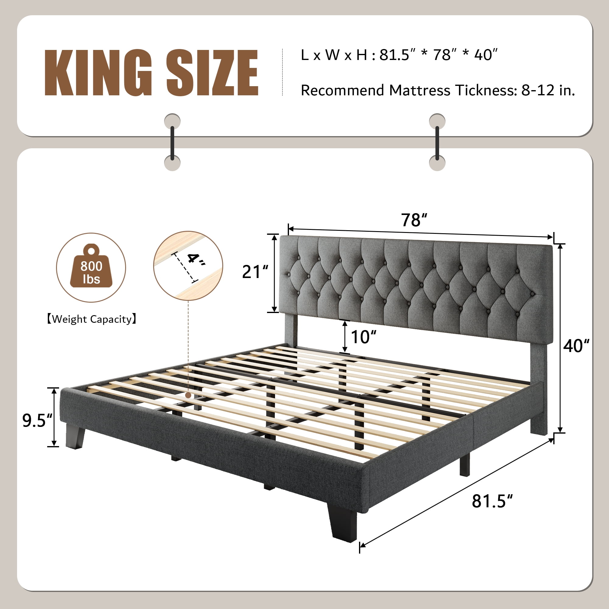 Honfach King Size Velvet Bed Frame with Upholstered Button Tufted Headboard, Platform Bed with Wooden Slats Support, No Box Spring Needed, Easy Assembly, Noise-Free,Dark Gray