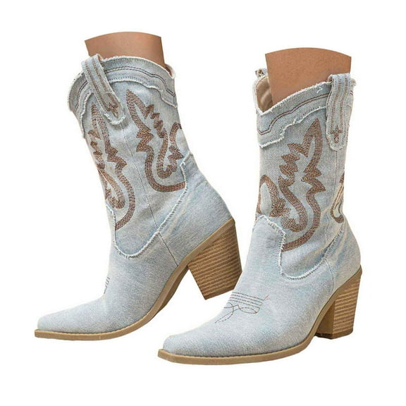 UngA Womens Leather Cowboy Boots Cowboy Boots for Women - Embroidered Cowgirl Boots Western Mid Calf Fashion Heel Pointed Toe Country Boot Light Blue,5.5