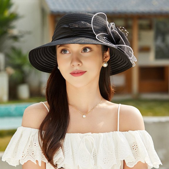 ZenCart Women Organza Kentucky Sun Hats Wide Brim Flower Church Bridal Hat Beach Derby Hat for Tea Party Wedding