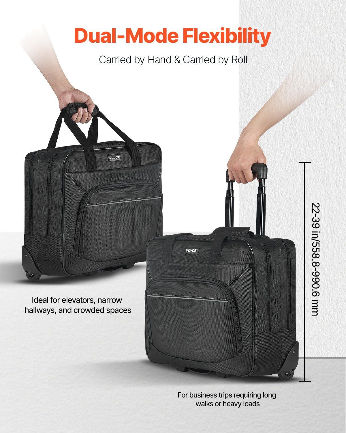 Black Rolling Laptop Bag 15.6 Inch, Wheeled Computer Briefcase for Office & Business, Stylish Work Bag for Women & Men