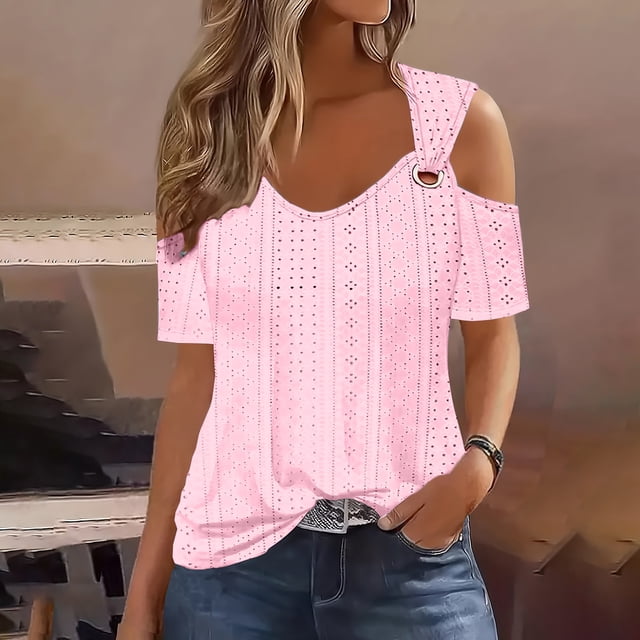 Puntoco 2024 Tops de moda de verano para mujer 2024 Moda femenina Casual Color sólido Hombro con fugas Manga corta Jersey Top de manga corta