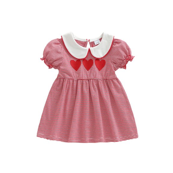 BemeyourBBs Toddler Baby Girls Valentines Dress Outfits Loose Fit A Line Love Heart Embroidery Striped Doll Collar Short Sleeve Dress Spring Summer Clothes