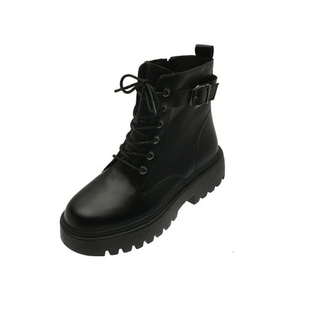 

Tepsmf Womens Winter Boots Women Shoes Hasp Mid Heel Flat Bottom Zipper Laceing Fashion Plus Velvet Leather Short Boots
