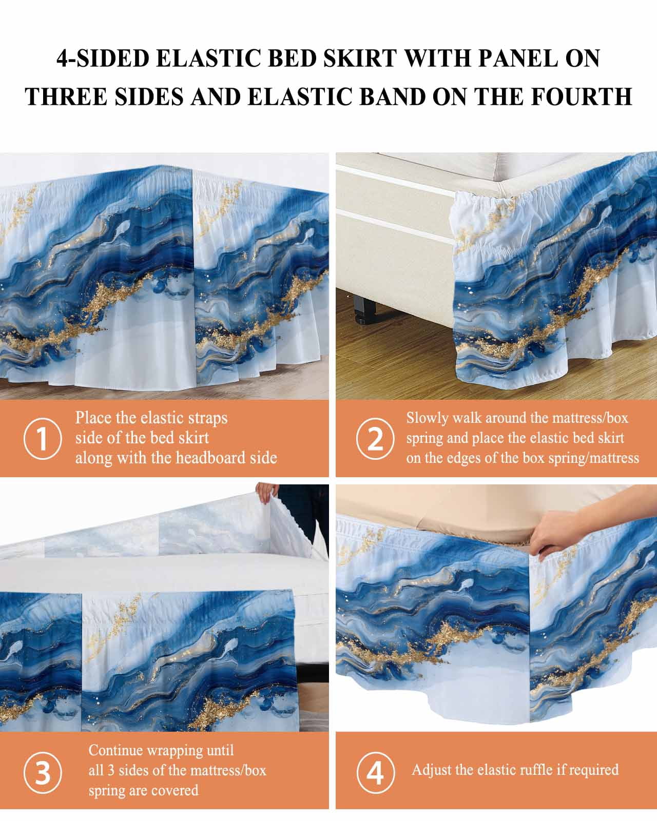 Blue Marble Wrap Around Bed Skirts for Queen Bed 16" Drop, Bed Skirt with Adjustable Elastic Belt Dust Ruffle Bed Valance for Bedroom Hotel Luxury Modern Abstract Art Bed Frame Cover