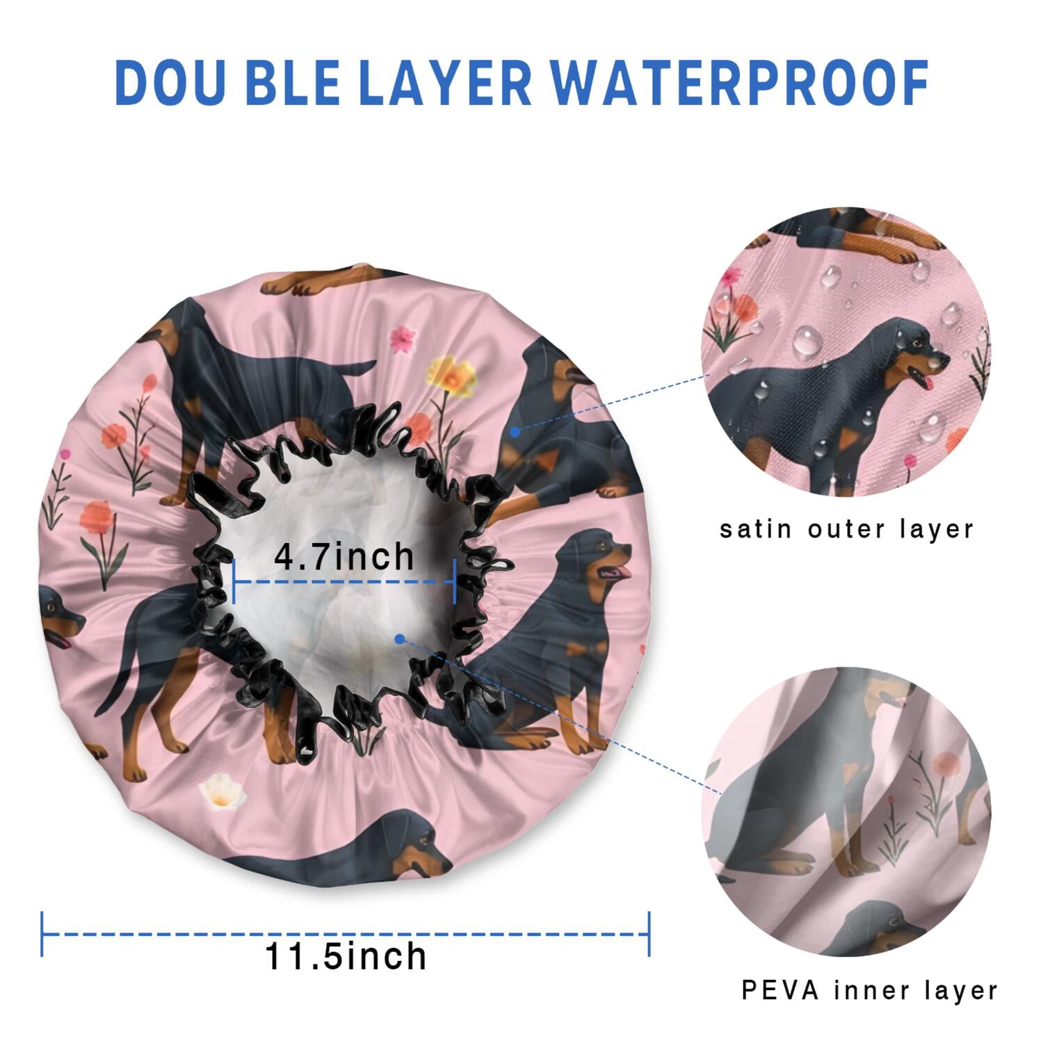 Shower Caps,Rottweiler Dogs with Pioneer Flower Waterproof Shower Cap for Women 4 Pieces,Double Reusable Hair Cover for Shower PEVA Elastic Stretch Hem
