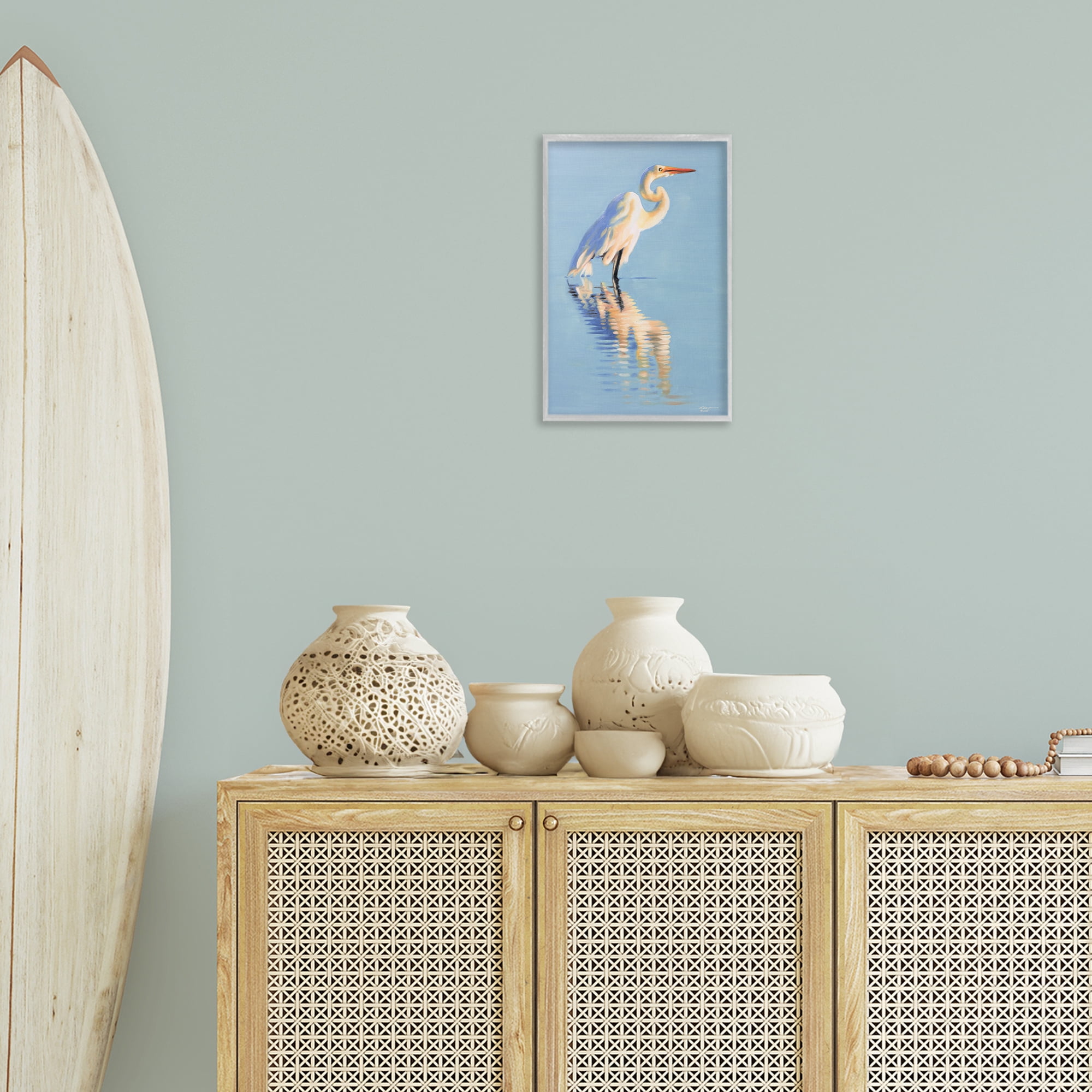 Stupell Industries Blue Egret Reflection Animals & Insects Painting Gray Framed Art Print Wall Art, 12 x 18