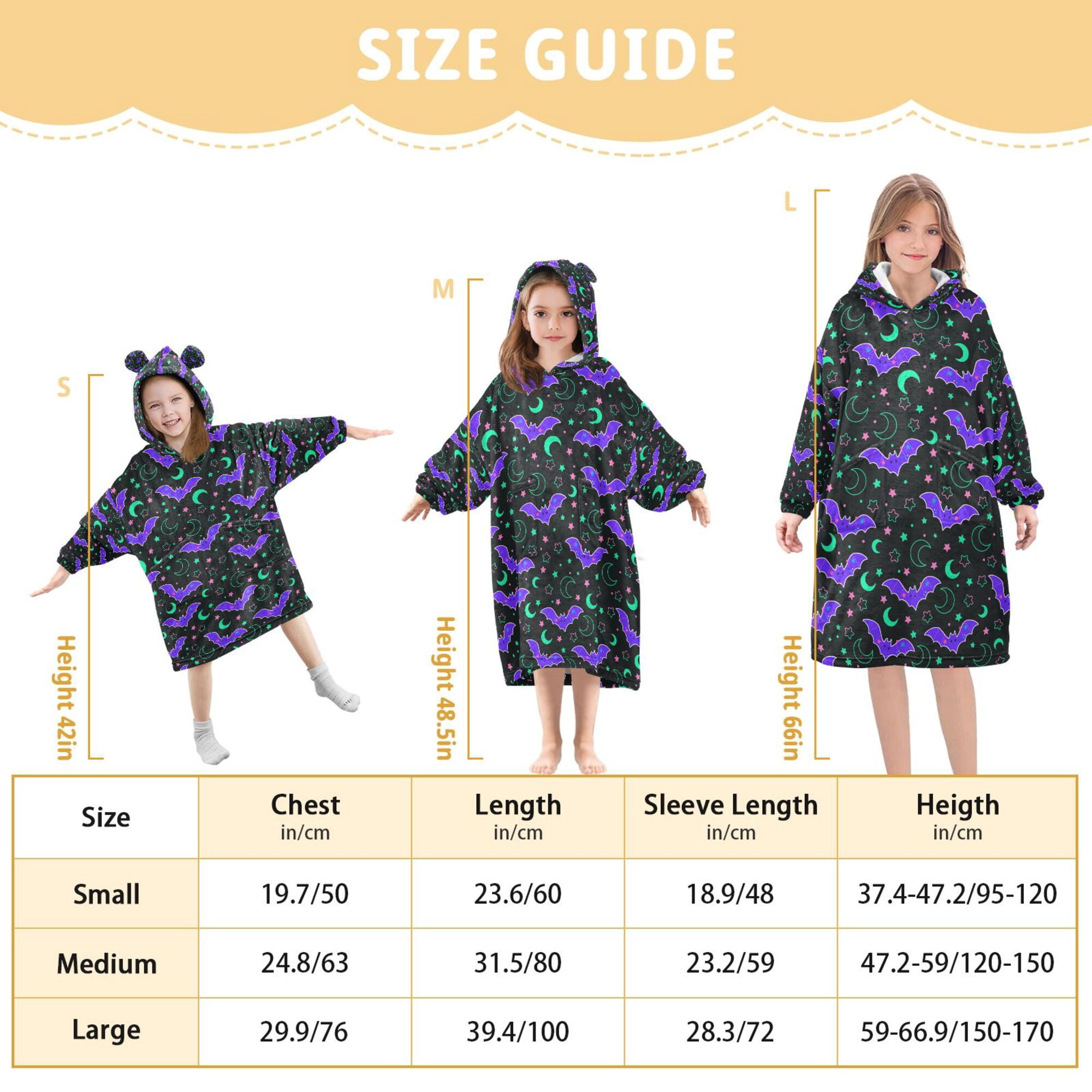 FORMRS Wearable Blanket Hoodie with Sleeves for Kids Cozy Flannel Sweatshirt, Purple Cartoon Bats Pattern