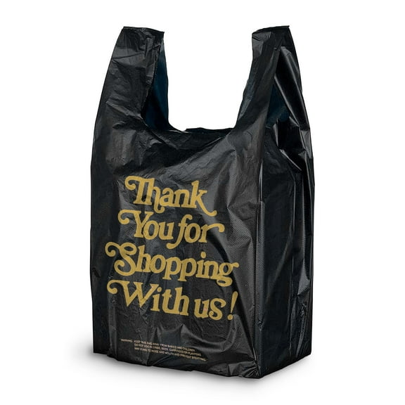 Pack of 1000 Thank You Plastic Bags 10 x 6 x 18. Black Carry-Out T-Shirt Bags 10x6x18, Thick 19 Micron. Preprinted Shopping Bags. Durable Poly Bags for Retail Shopping, Restaurant, Clothes.