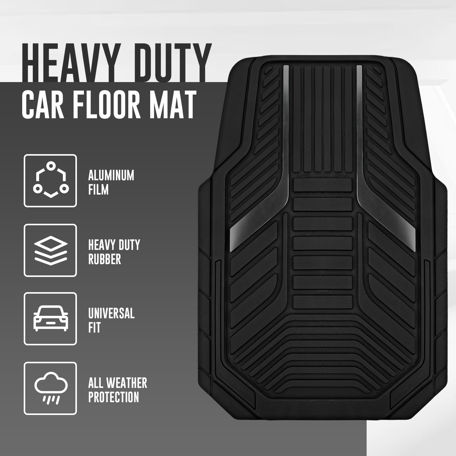 Road Comforts Heavy Duty Rubber Floor Mats Black Aluminum Film Car Mats Set, Front and Rear Car Mats