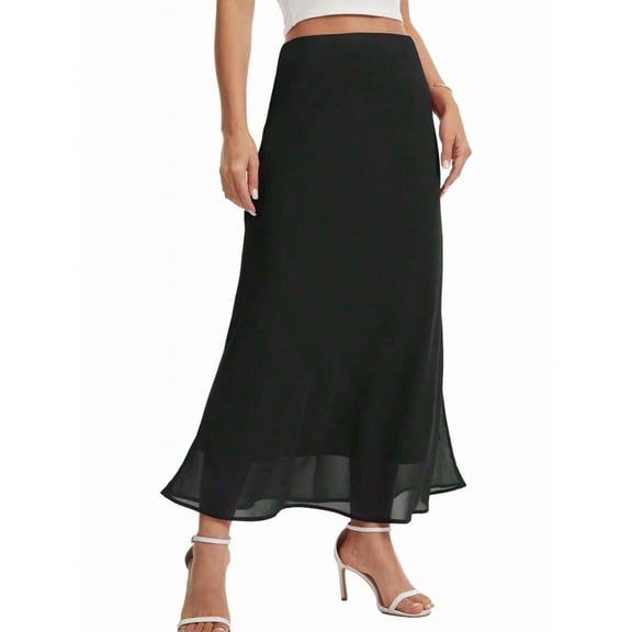 Black Chiffon Maxi Skirt High Elastic Waist A-Line Flowy Skirt